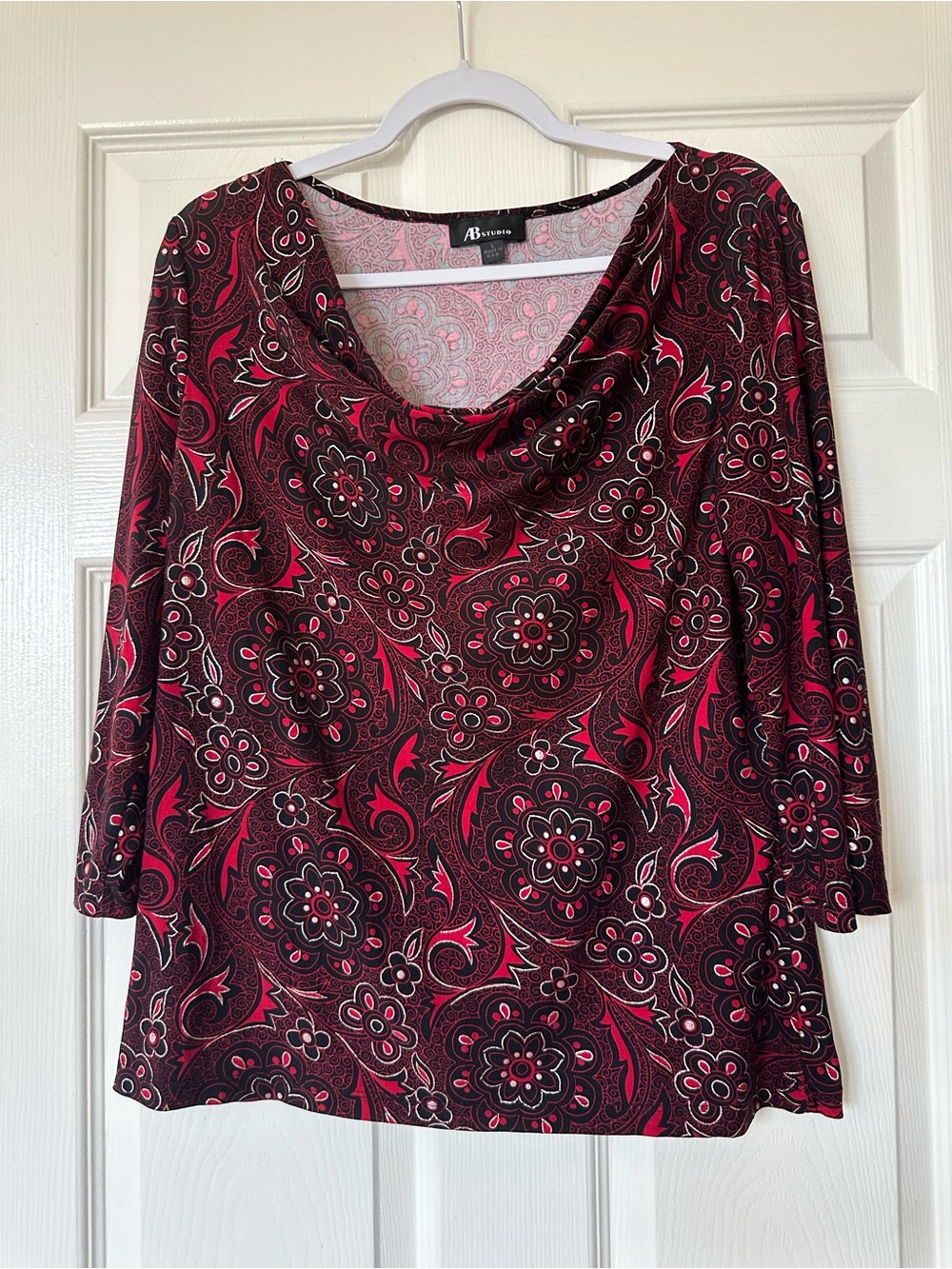 AB Studio Paisley Print 3/4 Sleeve Cowl Neck Blouse